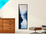 Misty Lake, pine tree art, moody art, mountain painting, wabi sabi art, blue and green wall art, Framed Canvas Print, rustic wall art