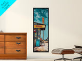 Rustic Gas Station, chicano art, guest check wall art, graffiti wall art, vintage folk art, Framed Canvas Print, tall skinny art