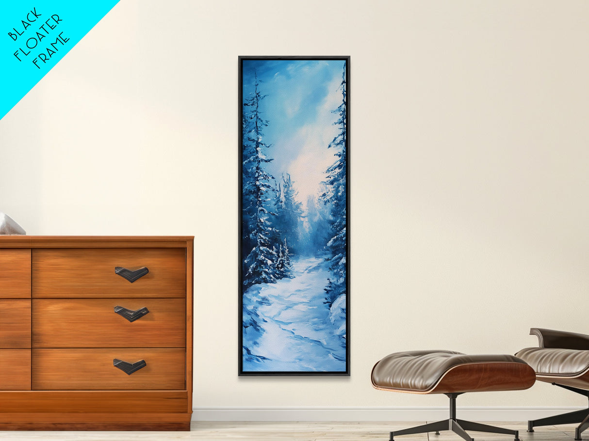 Winter Path, snowy pine tree art, moody art, Christmas wall art, wabi sabi art, landscape painting, Framed Canvas Print