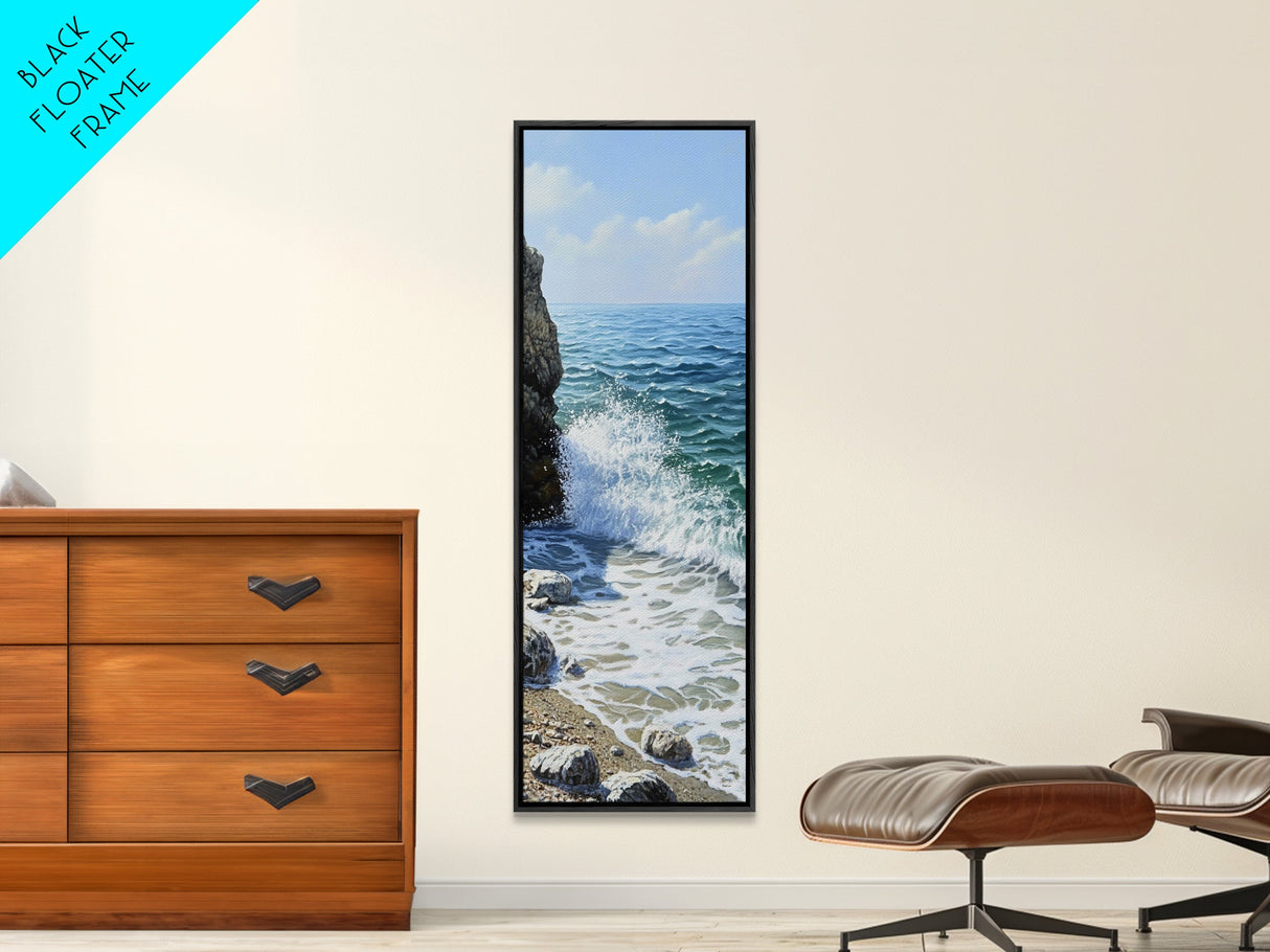 Ocean Waves, rocky beach seascape, coastal painting, nautical decor, landscape painting, extra wide art, Canvas Print