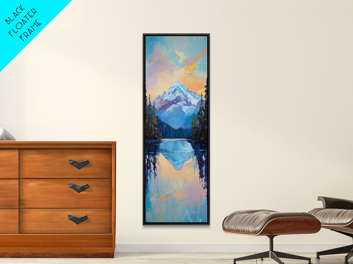 Sunset Mountain, lake Tahoe art, pine tree art, mountain painting, rustic wall art, above couch art, Framed Canvas Print