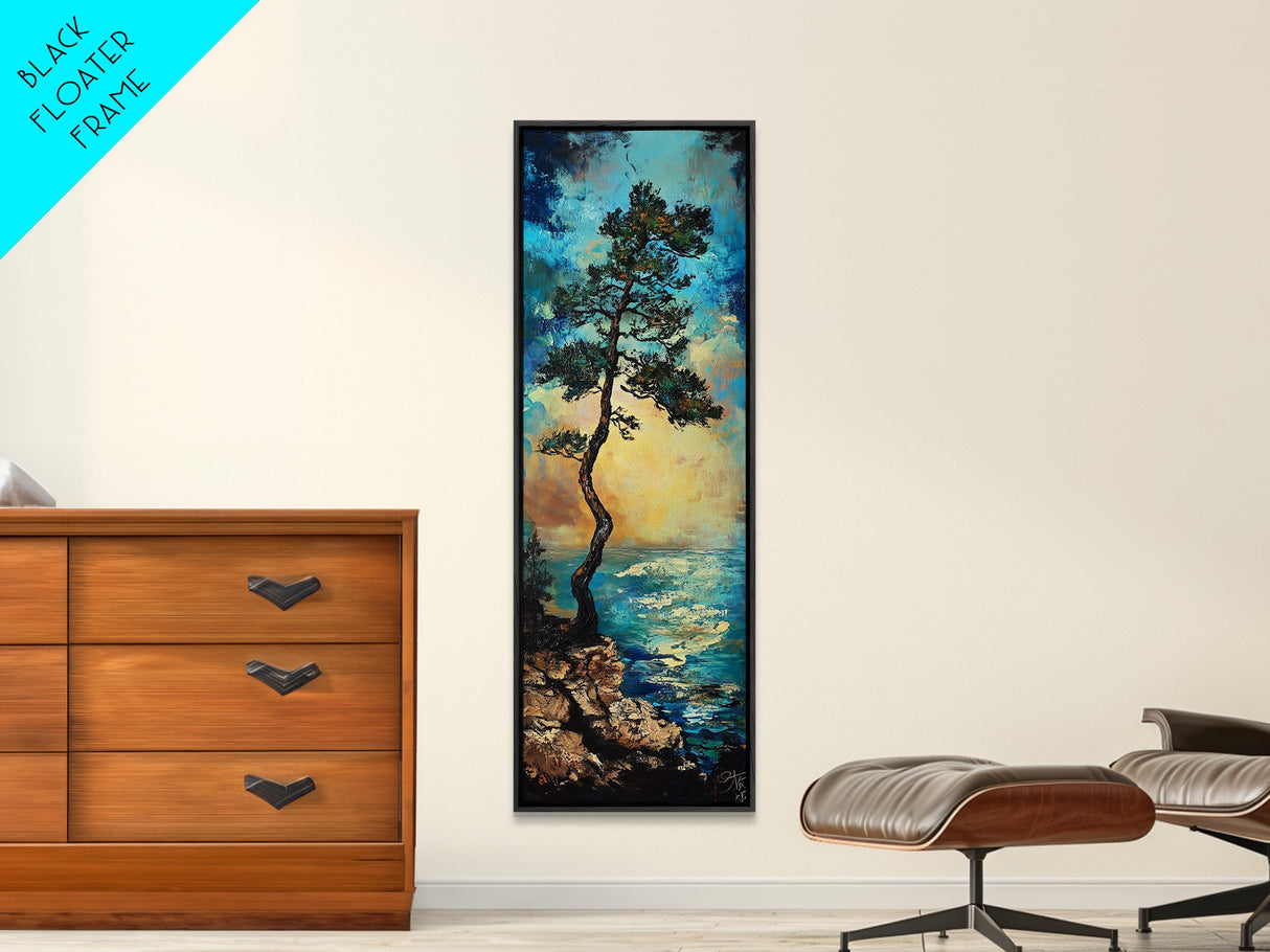 Windblown Pine, Ocean Painting, Moody Art, Coastal Landscape, Nautical Decor, Framed Canvas Print, Bedroom Art