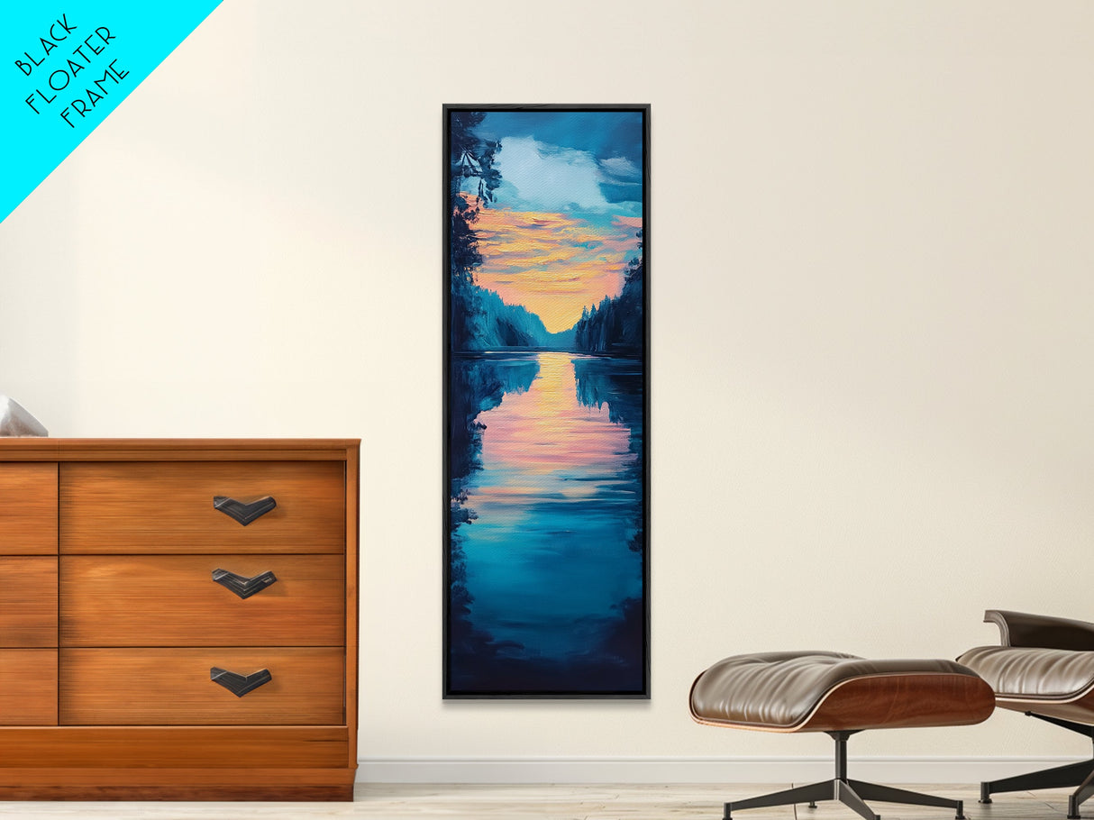 Sunset reflection, lake painting, landscape art, smoky mountain art, wabi sabi art, vertical wall art, framed canvas print, moody art