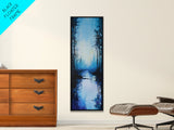 Misty Lake, Dark Forest, Moody Art, Landscape Painting, Minimalist Art, Blue and Green Wall Art, Framed Canvas Print, Vertical Wall Art