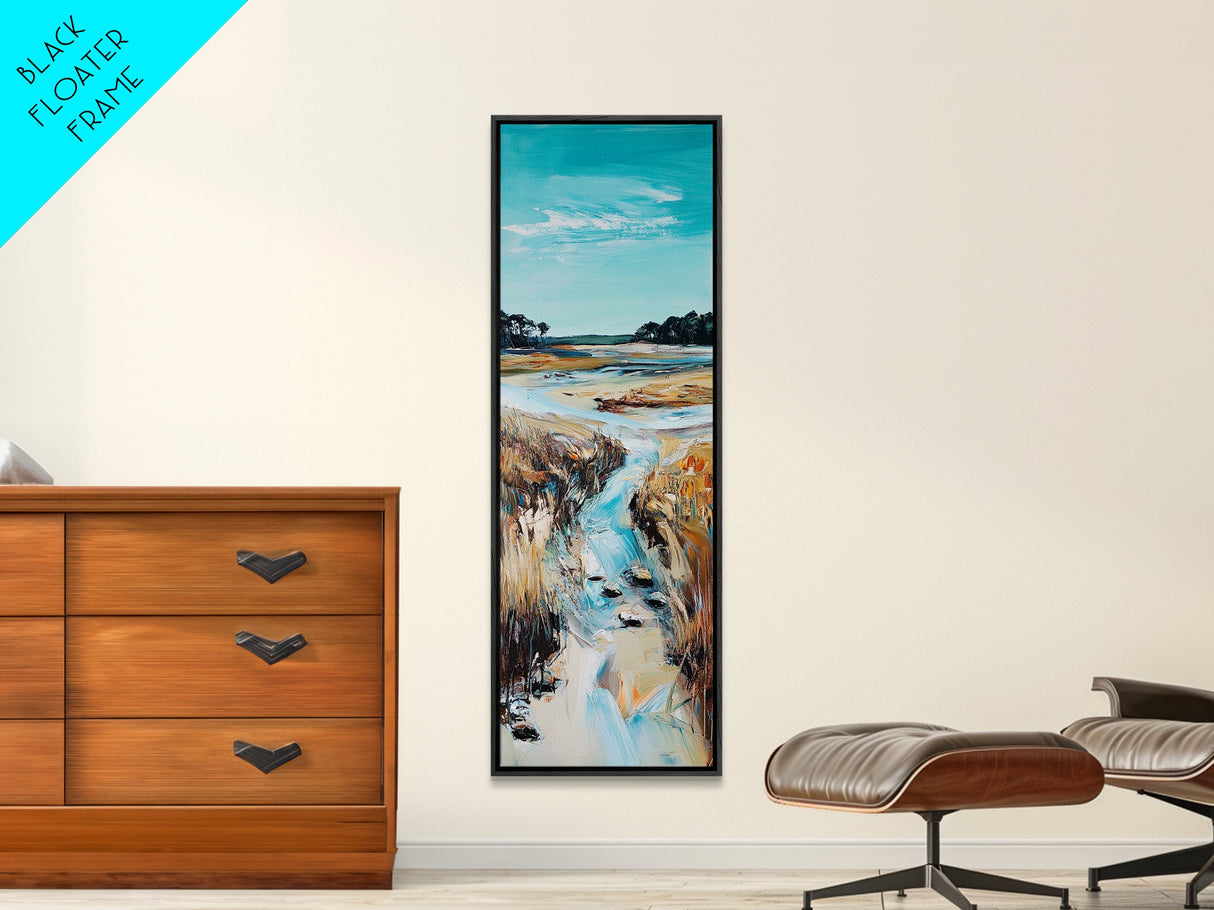 Marshland Stream, coastal landscape art, rustic wall art, farmhouse art, wabi sabi art, extra wide art, Canvas Print