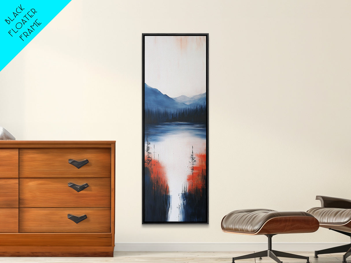 Misty Lake, smoky mountain art, landscape painting, wabi sabi wall art, moody art, blue and green wall art, Framed Canvas Print