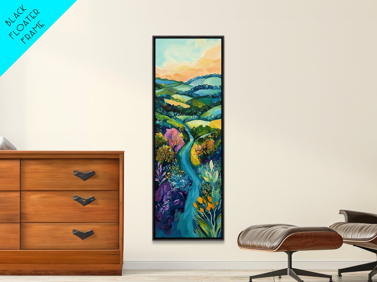 Rolling Hills, Ireland painting, wildflower painting, green wall art, farmhouse decor, Framed Canvas Print, landscape painting