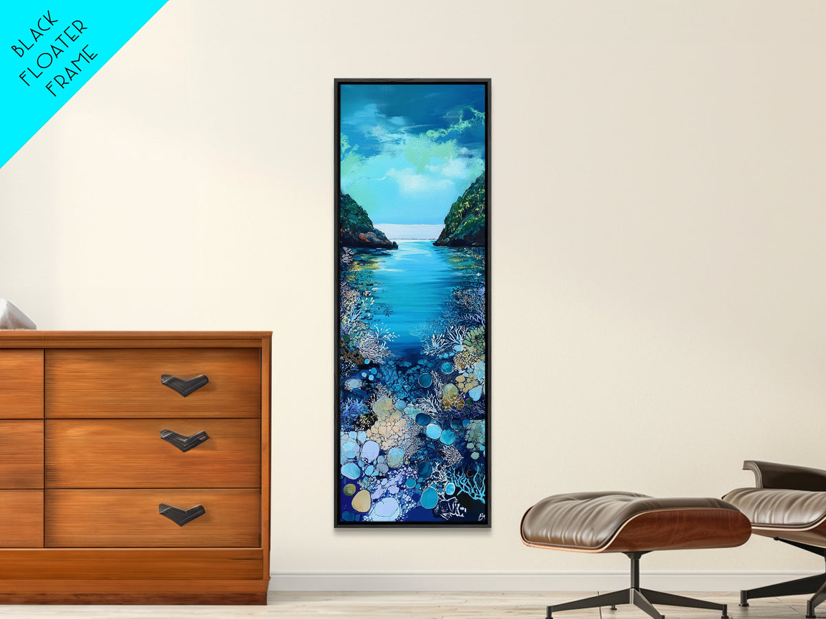 Underwater View, nautical painting, seascape painting, coral reef painting, blue and green wall art, Framed Canvas Print