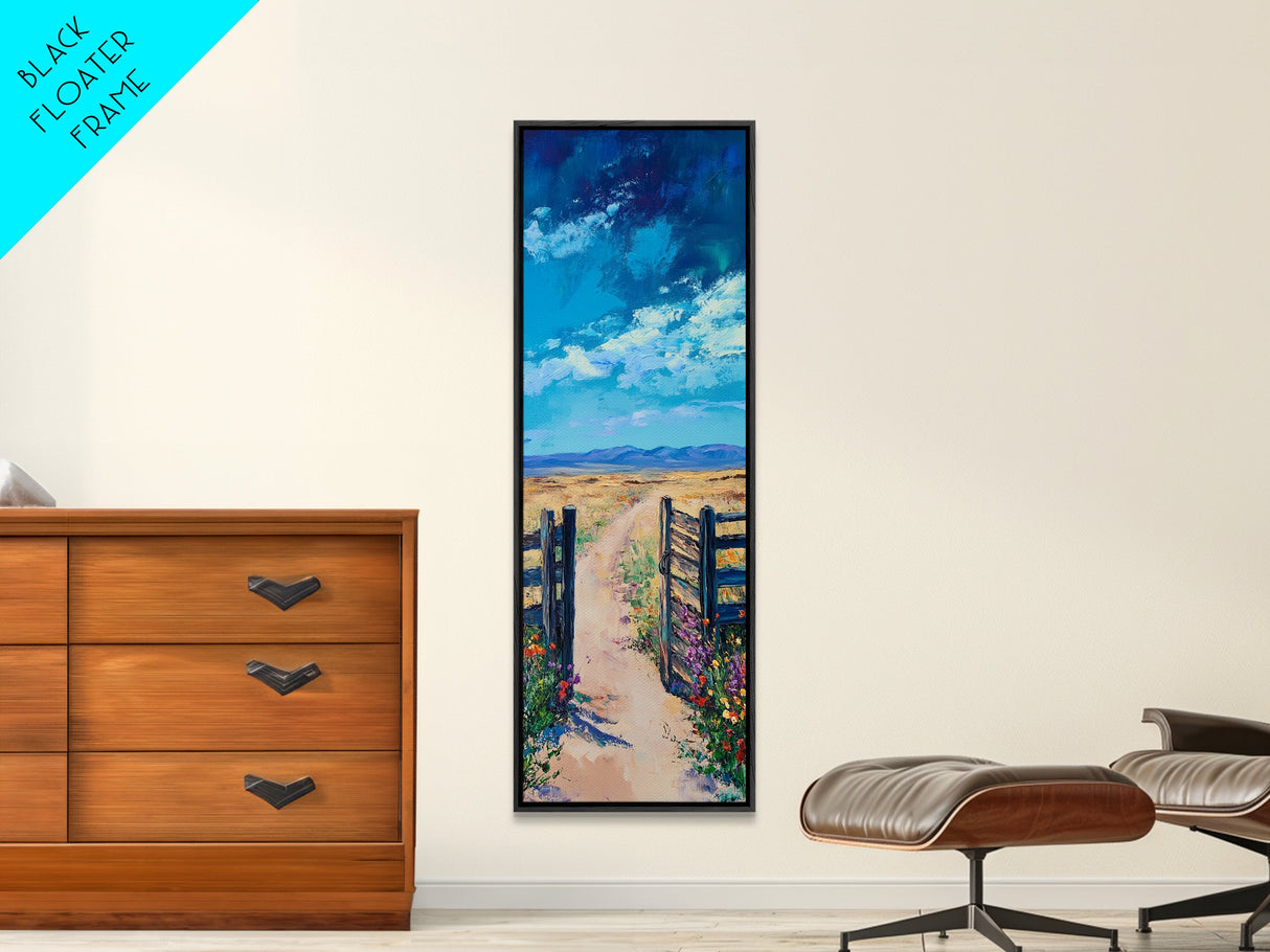 Open Gate, Rustic Art, Vintage Landscape, Country Path Painting, Moody Art, Extra Wide Art, Horizontal Wall Art, Canvas Print