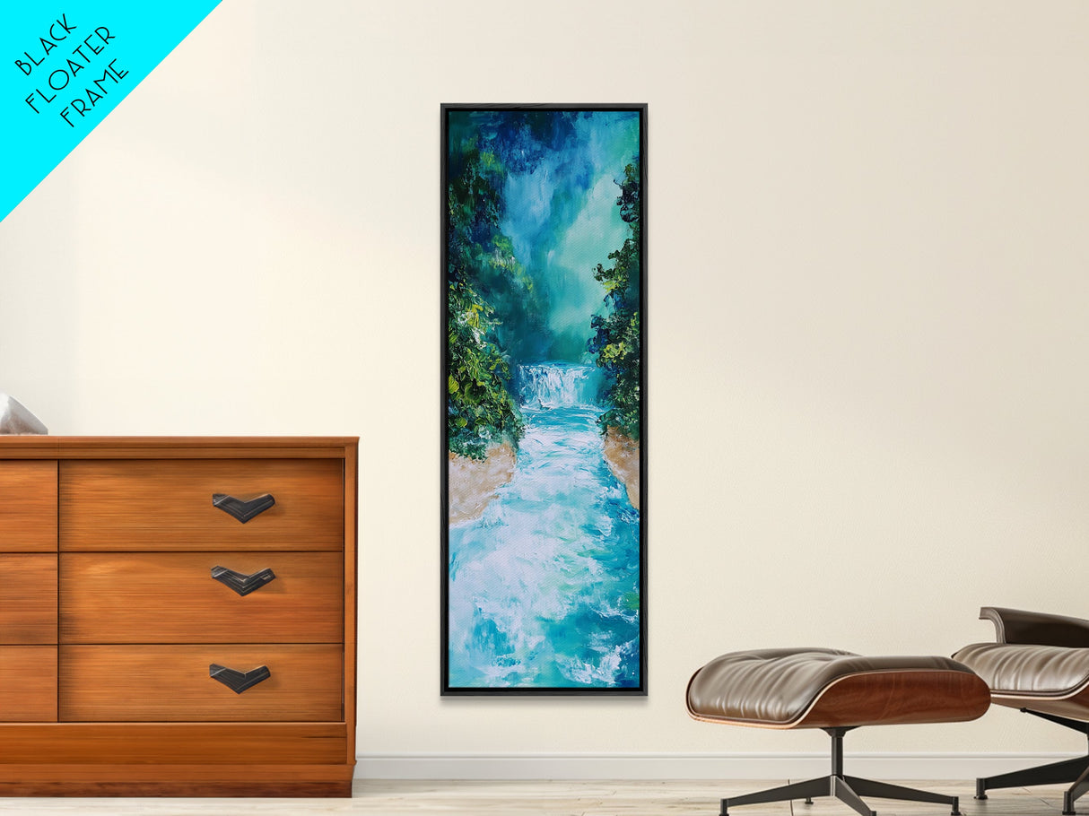 Waterfall Serenity, coastal landscape art, zen wall art, framed canvas print, wabi sabi art, tall narrow art, rustic decor