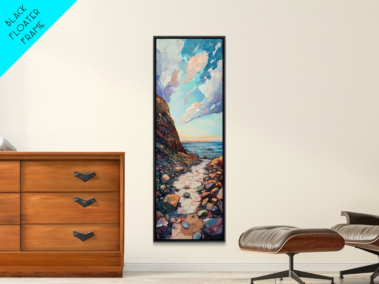 Rocky Coastline, Ocean Waves, Beach Path, Framed Canvas Print, coastal landscape art, farmhouse art, rustic décor