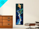 Sunset river, moody art, pine tree art, smoky mountain art, framed canvas print, vertical wall art, original painting