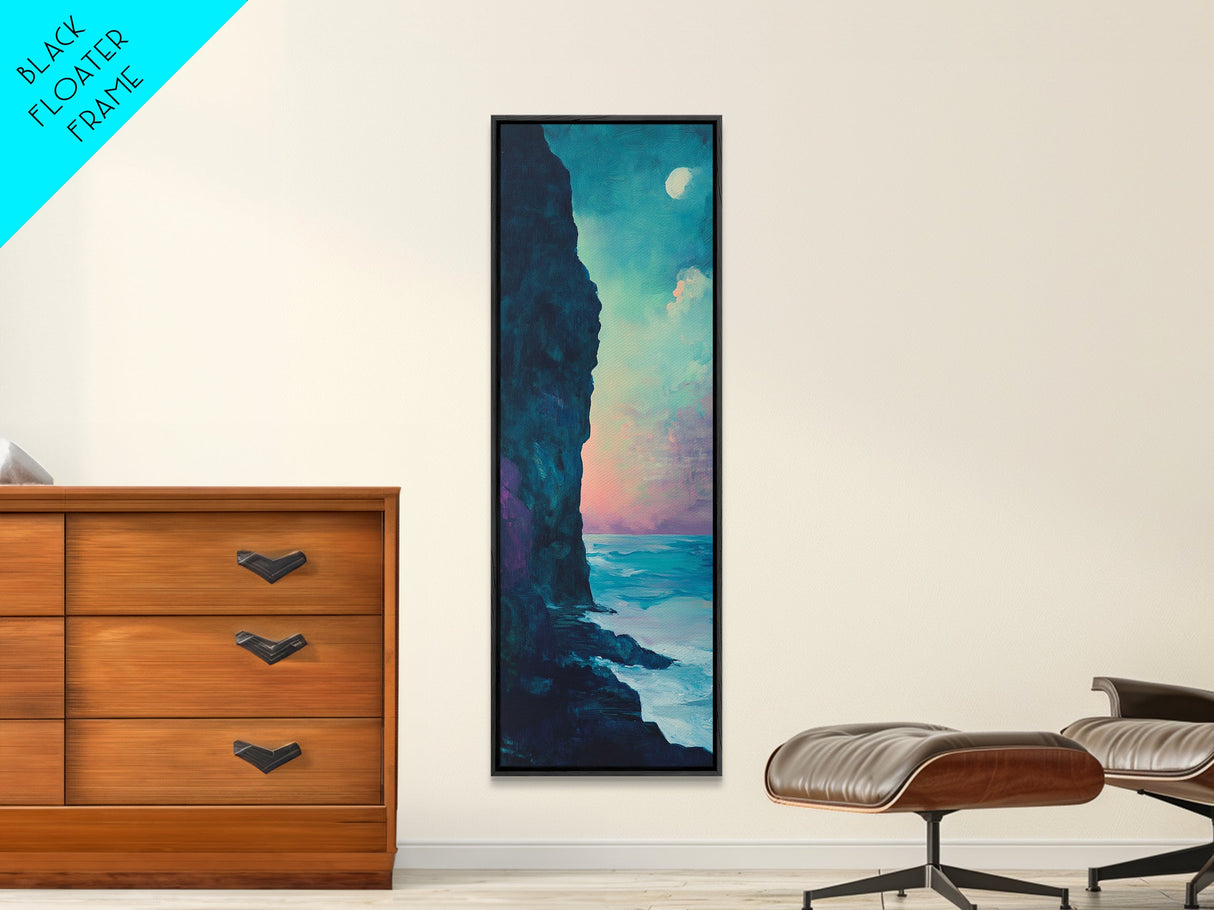 Cliffside Moon Painting, Moody Art, Coastal Wall Art, Landscape Painting, Ocean Art, Framed Canvas Print, Nautical Decor