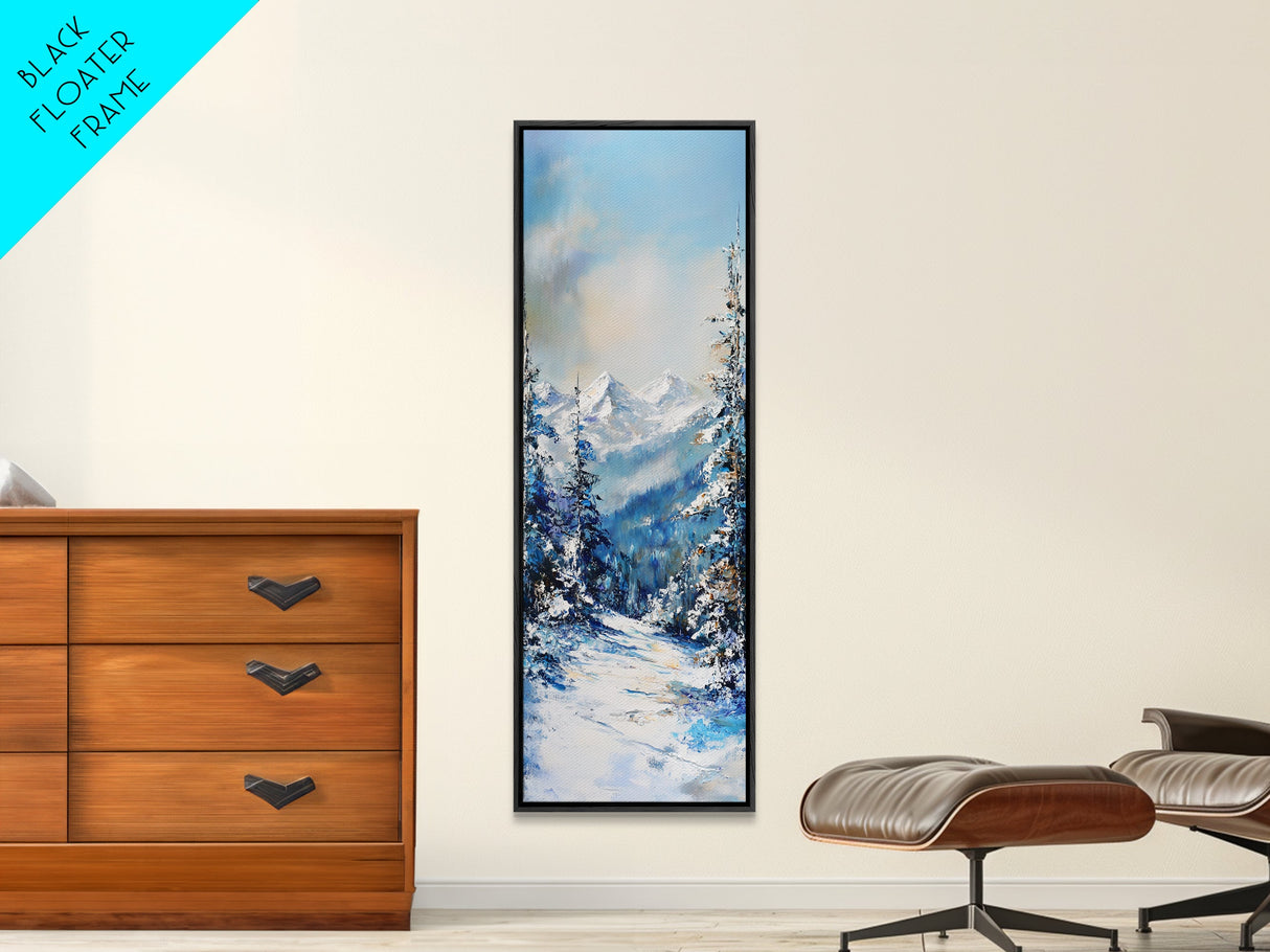 Snowy Mountain Path, winter landscape painting, mountain painting, pine tree art, rustic wall art, framed canvas print