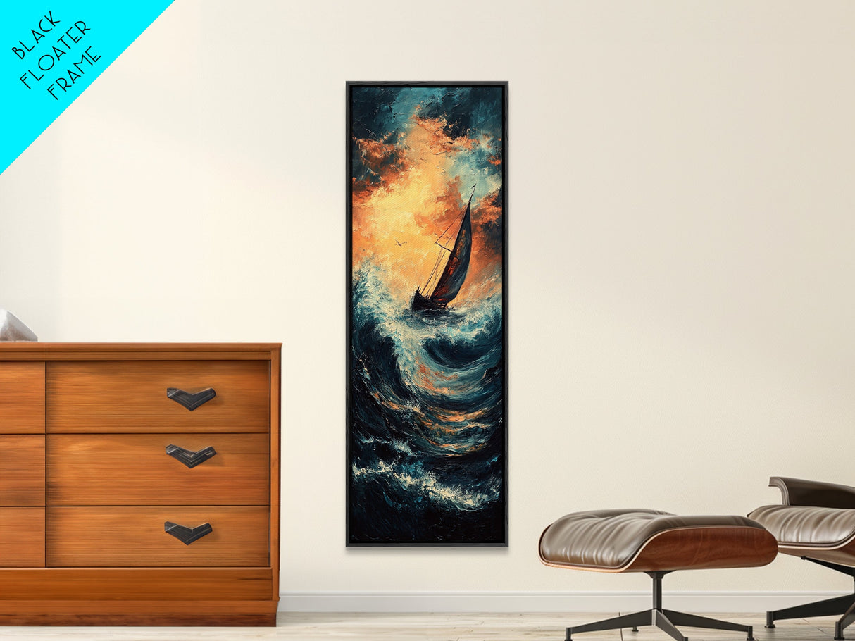Sailboat in Storm, nautical painting, coastal decor, seascape painting, fisherman painting, framed canvas print, rustic wall art