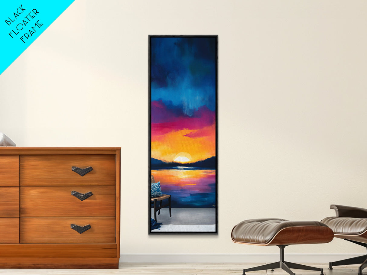 Sunset Over Water, Lake Tahoe Art, Bold Colors, Framed Canvas Print, Tall Narrow Art, Boho Art, Above Bed Wall Art, Panoramic Art
