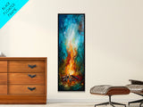 Cozy Campfire, rustic decor, autumn painting, moody art, forest at dusk painting, wabi sabi art, framed canvas print, vertical wall art