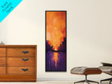 Fiery Sunset Reflection, mountain painting, moody art, forest at dusk painting, pine tree art, framed canvas print, vertical wall art