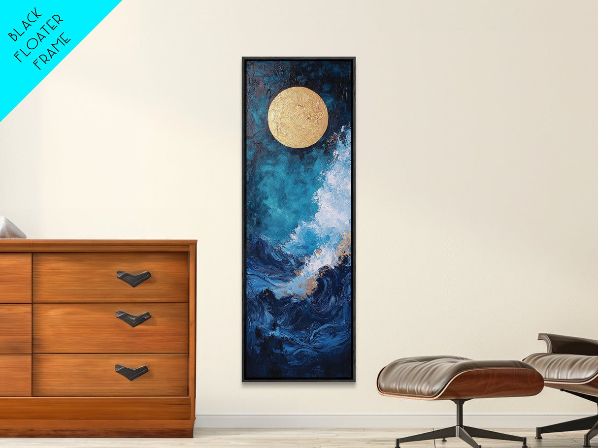 Golden Moon, crashing waves, nautical painting, moody art, coastal wall art, wabi sabi art, framed canvas print, ocean painting