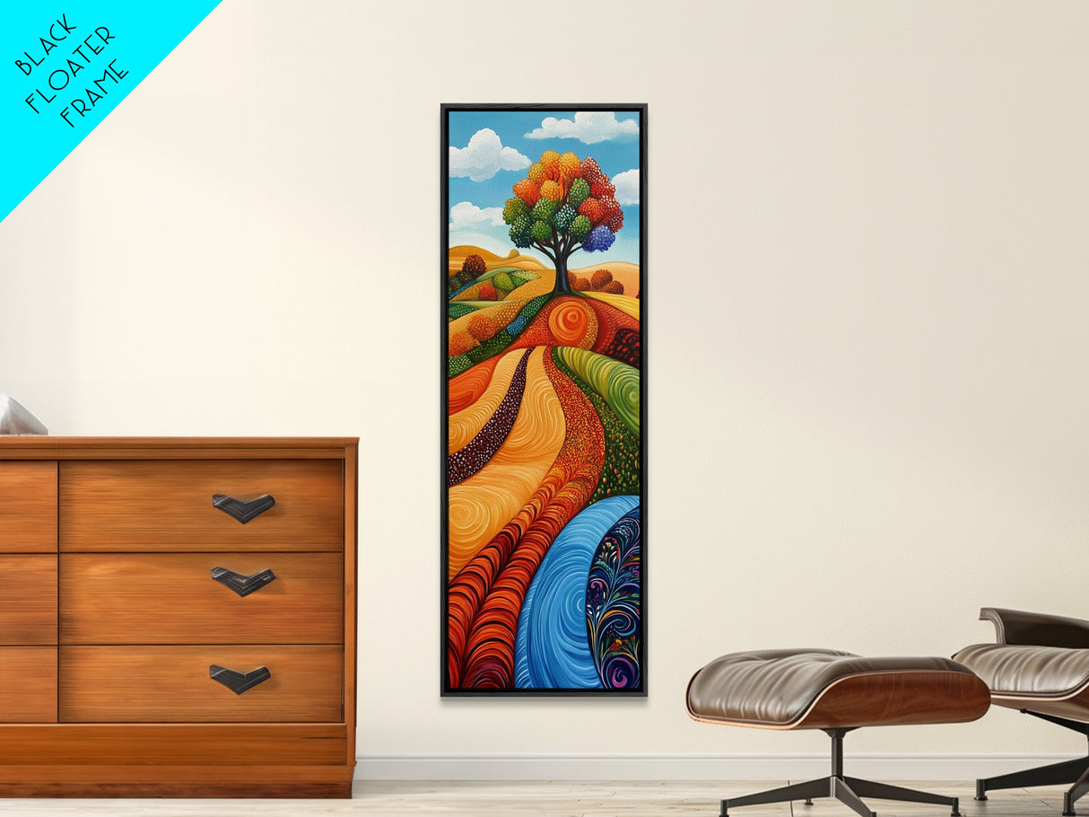 Colorful Fields, folk art, Russian folk art, pink orange wall art, bright and bold, framed canvas print, extra wide art