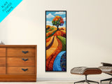 Colorful Fields, folk art, Russian folk art, pink orange wall art, bright and bold, framed canvas print, extra wide art
