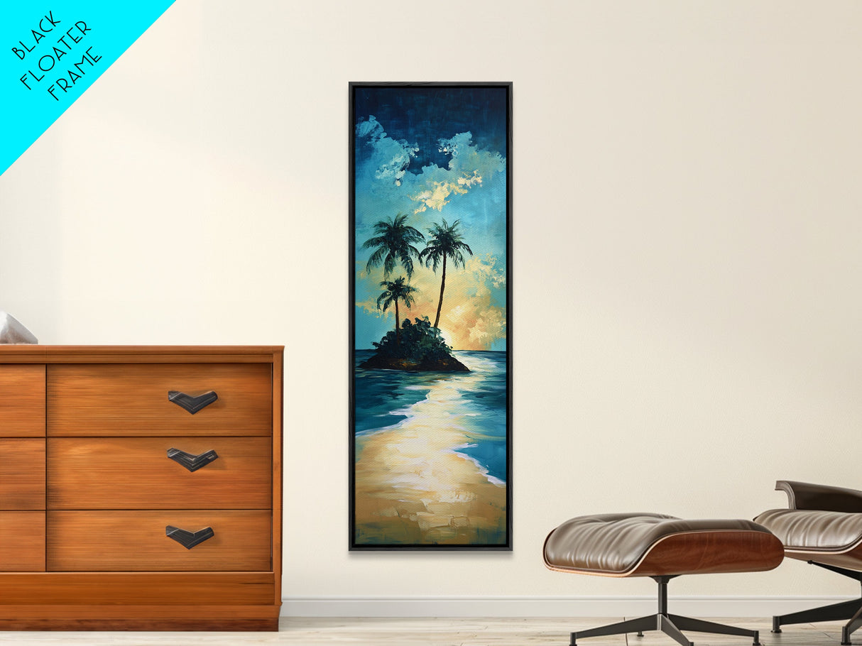 Tropical Sunset, palm tree painting, Hawaii art, ocean waves, coastal wall art, nautical decor, framed canvas print