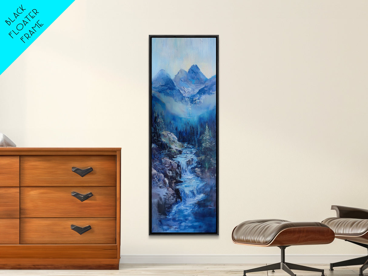 Waterfall Mountain, landscape painting, mountain painting, blue and green wall art, coastal decor, framed canvas print