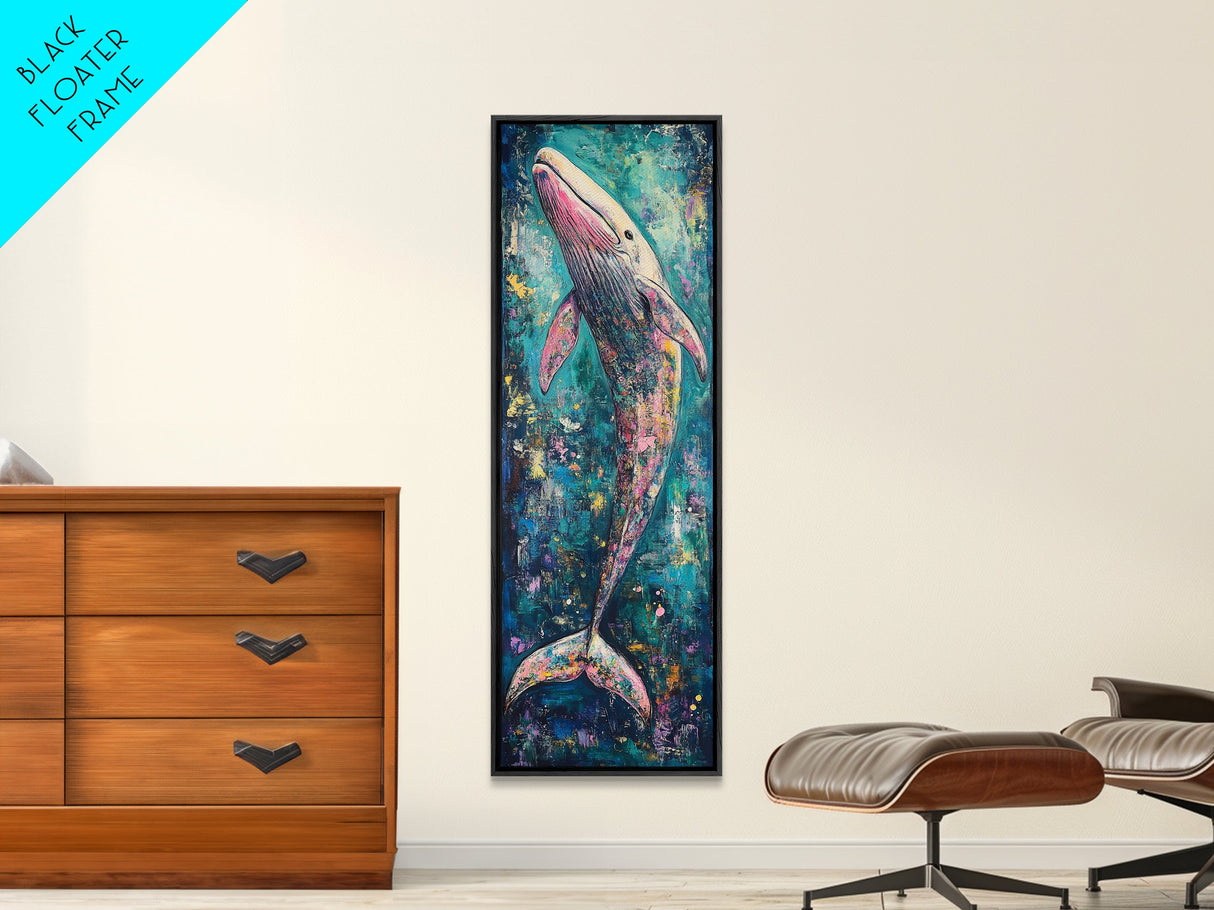 Vibrant Whale, Whale Painting, Coastal Decor, Nautical Wall Art, Blue and Green Wall Art, Skinny Wall Art, Framed Canvas Print