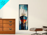 Fishing Boat Docked, nautical painting, maritime wall art, coastal cowgirl wall art, fishing decor, framed canvas print, vertical wall art