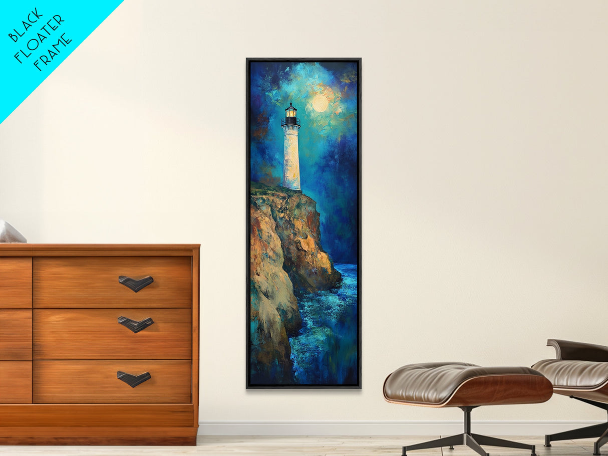 Lighthouse Painting, Moon Oil Painting, Nautical Decor, Coastal Wall Art, Seascape Painting, Canvas Print, Tall Narrow Art, Gift Idea