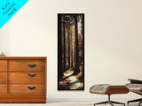 Redwood Forest, pine tree art, rustic decor, above sofa art, forest at dusk painting, wabi sabi art, tall skinny art, framed canvas print