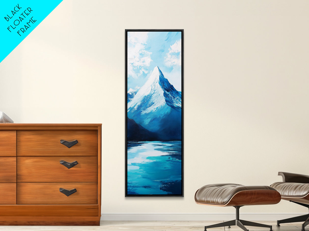 Snowy peak, mountain painting, landscape painting, blue and green wall art, panoramic art, framed canvas print, above sofa art