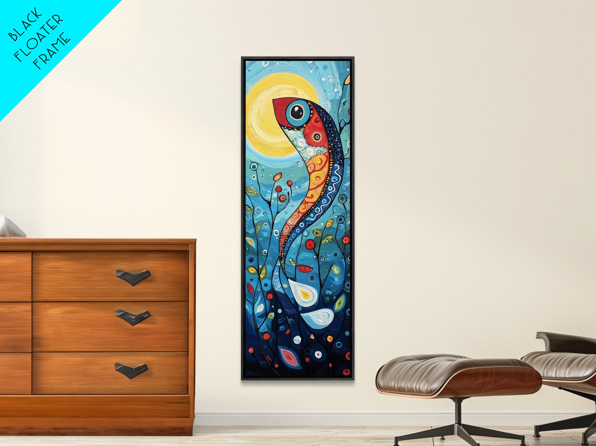 Koi Fish Fantasy, koi fish painting, whimsical art, framed canvas print, vibrant wall art, long narrow wall art,  tall skinny art