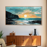 Sunset Cliffs, nautical wall art, coastal painting, surf wall art, panoramic art, above couch art, boho art, Framed Canvas Print