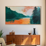 Forest Lake, pine tree art, landscape painting, rustic wall art, autumn painting, extra wide art, wabi sabi art, Framed Canvas Print