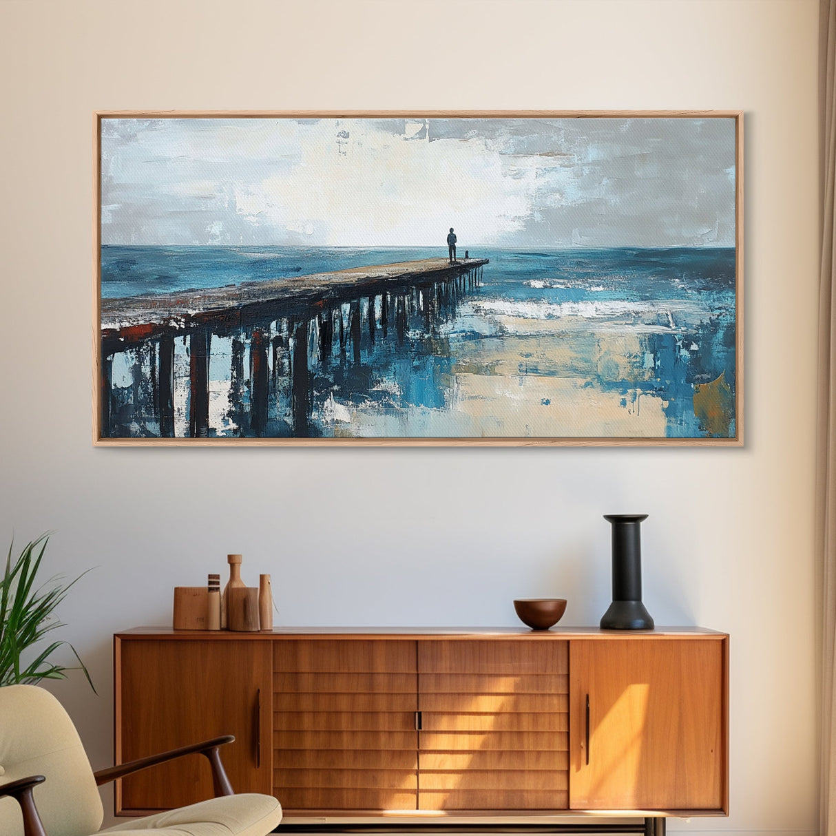 Pier at Dusk, moody art, coastal wall art, ocean painting, nautical painting, wabi sabi art, panoramic art, Canvas Print, seascape