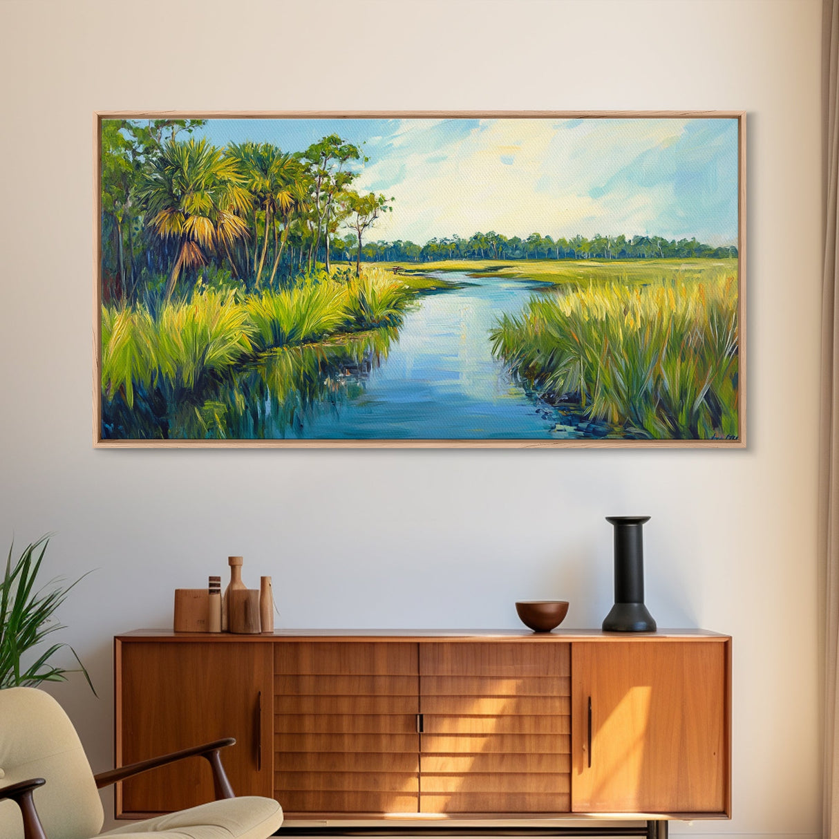 Marshland View, palm tree painting, tropical landscape, coastal decor, green wall art, rustic wall art, Framed Canvas Print