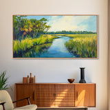 Marshland View, palm tree painting, tropical landscape, coastal decor, green wall art, rustic wall art, Framed Canvas Print