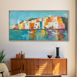 Mediterranean Village, coastal painting, Italy art, colorful homes, seascape painting, extra wide art, Canvas Print, panoramic art