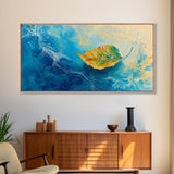Leaf in Water, blue and green wall art, coastal decor, wabi sabi art, extra wide art, panoramic painting, Canvas Print, gift idea
