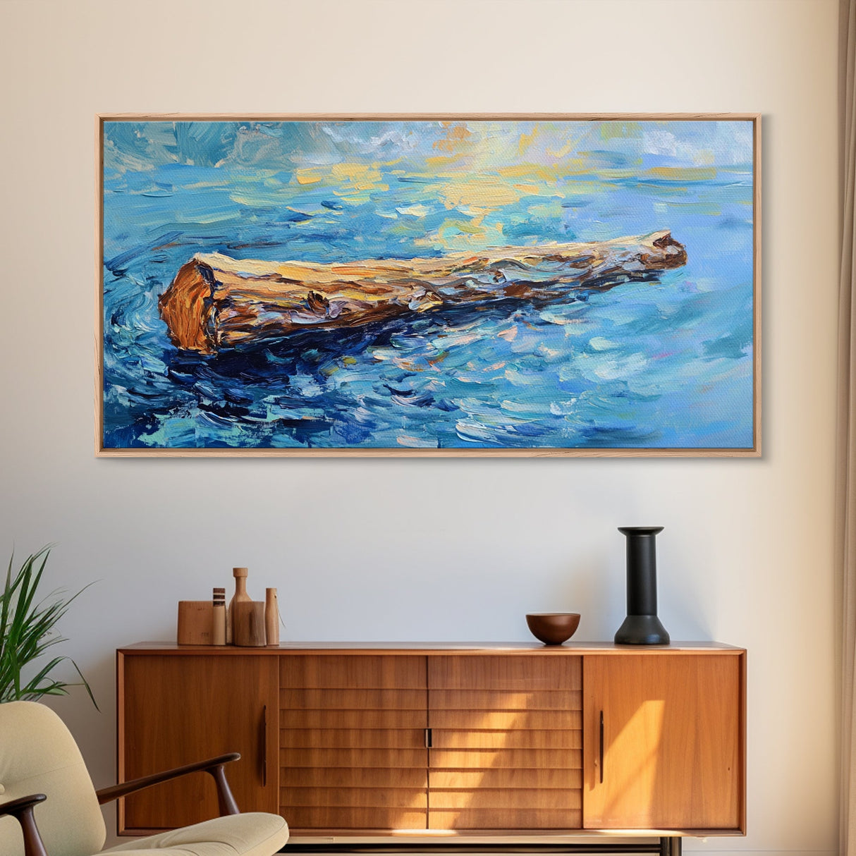 Drifting Log, rustic art, coastal painting, seascape painting, panoramic art, landscape painting, Framed Canvas Print,