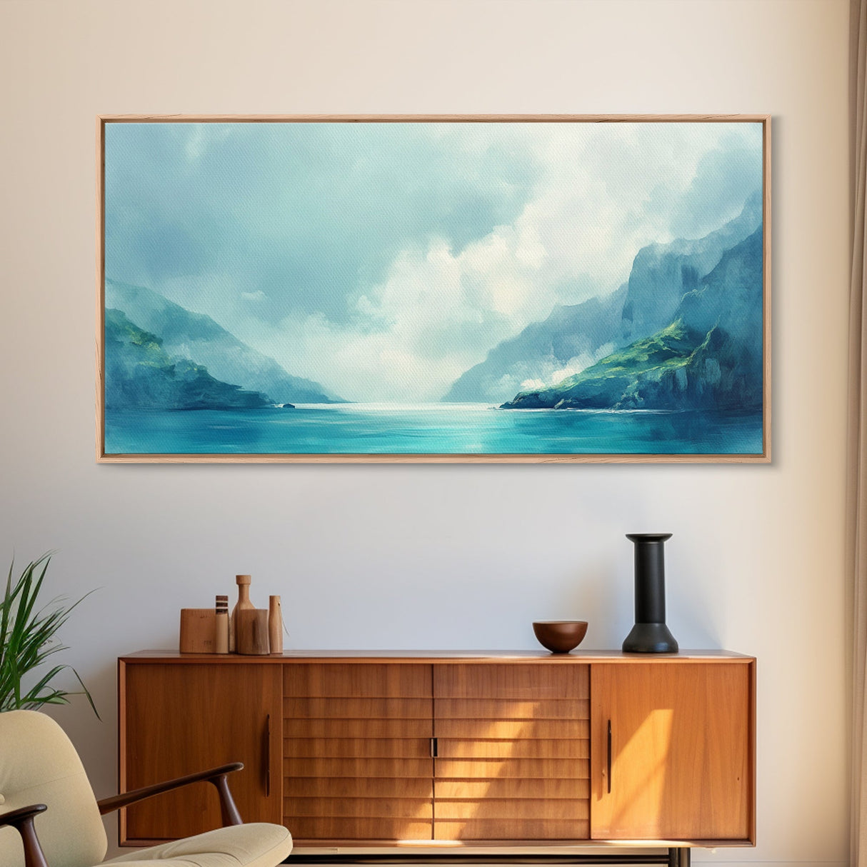 Serene Fjord, coastal landscape art, panoramic art, moody art, minimalist art, Canvas Print, above bed wall art, living room art