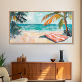 Palm Tree, Coastal Landscape Art, Tropical Beach Art, Nautical Decor, Ocean Painting, Framed Canvas Print, Extra Wide Art, Boho Art