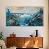Steel Bridge, landscape painting, mountain painting, panoramic painting, framed canvas print, blue and green wall art