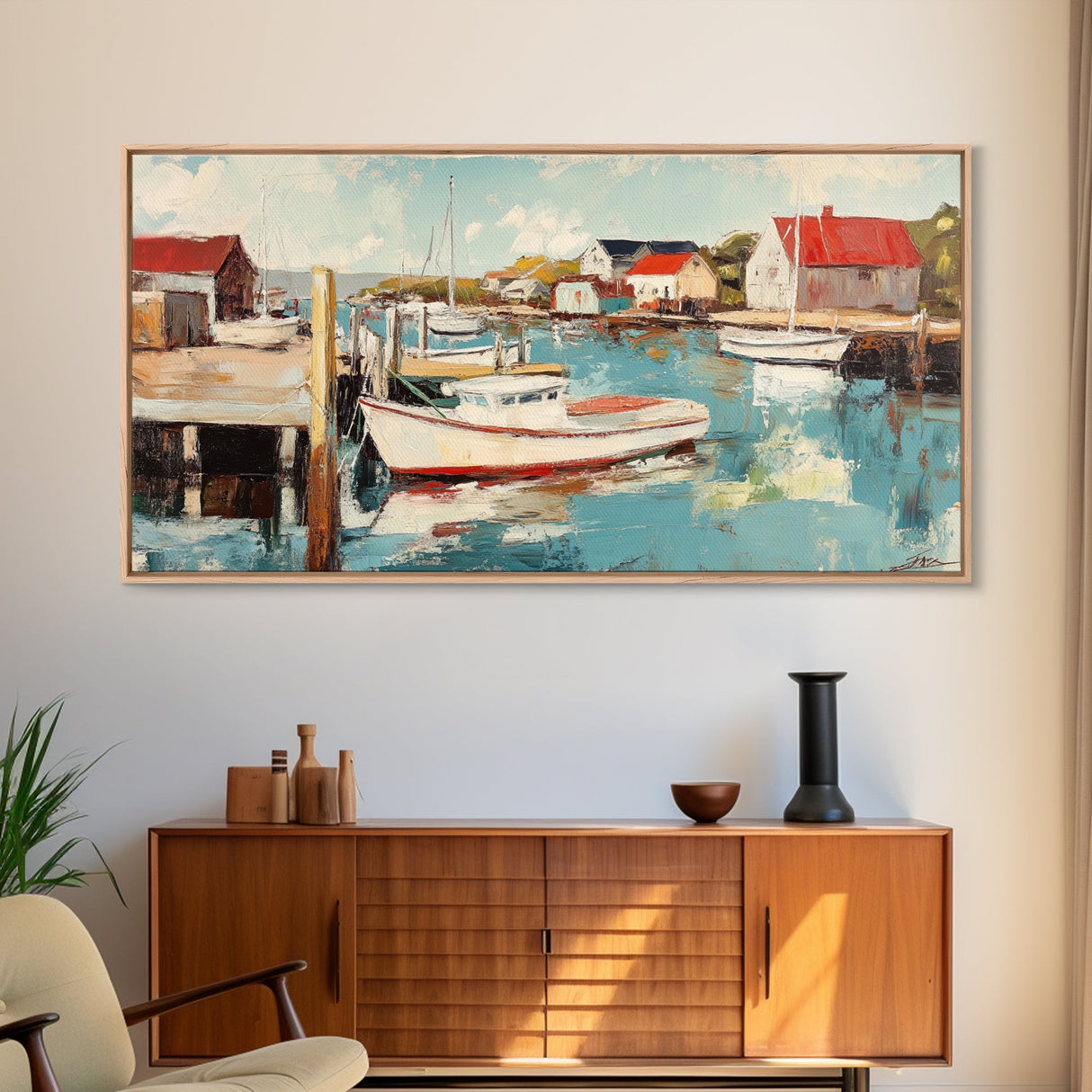 Harbor Boats, Nantucket painting, coastal painting, nautical wall art, fisherman painting, framed canvas print, extra wide art
