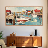 Harbor Boats, Nantucket painting, coastal painting, nautical wall art, fisherman painting, framed canvas print, extra wide art