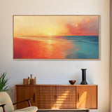 Sunset Ocean, pink orange wall art, coastal landscape art, moody art, extra wide art, panoramic painting, framed canvas print