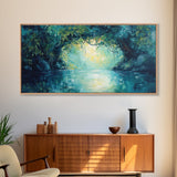 Mystical River, Framed Canvas Print, landscape painting, moody art, forest at dusk painting, teal wall art, extra wide art