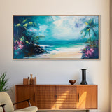 Tropical Beach, Framed Canvas Print, coastal painting, palm tree painting, Hawaii art, nautical decor, coastal wall art