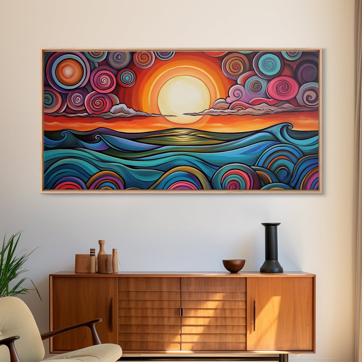 Sunset Waves, Canvas Print, surf wall art, geometric wall art, pink orange wall art, colorful abstract art, extra wide art, boho art